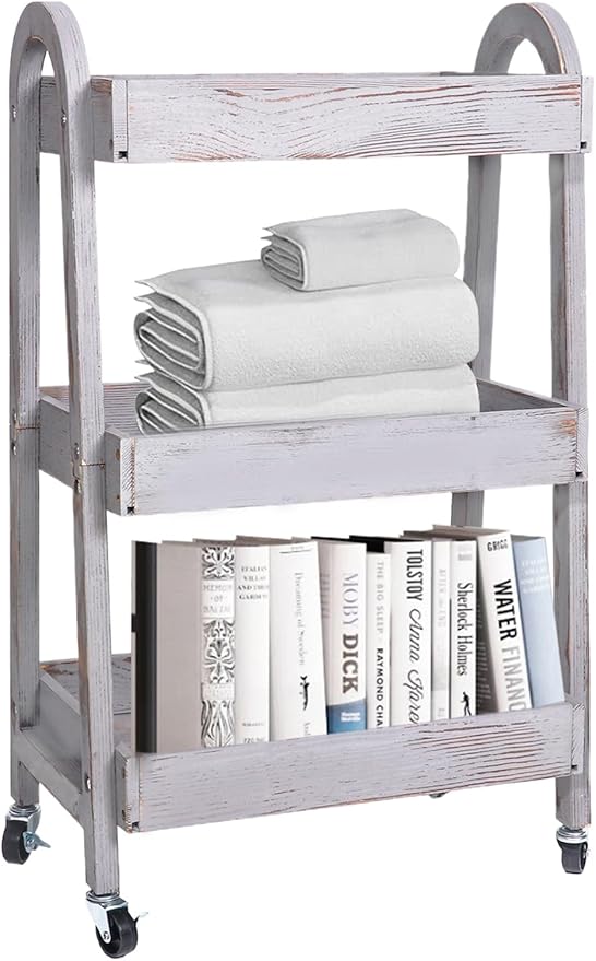 3-Tier Rolling Utility Cart with Lockable Wheels Storage Slim Storage Heavy Duty Cart Mobile Shelving Unit Craft Narrow Organizer for Bathroom Laundry Kitchen (Vintage Grey)