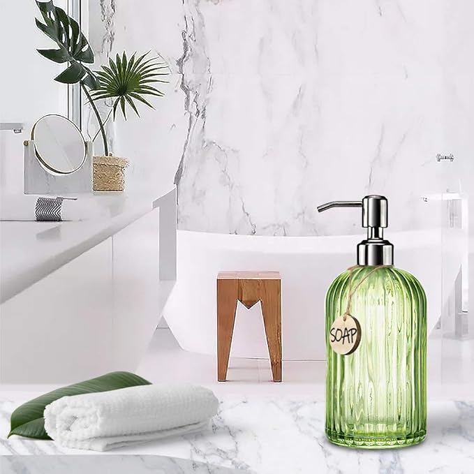 JASAI 18 Oz Vertical Striped Green Soap Dispenser with 304 Rust Proof Stainless Steel Pump, Refillable Lotion Soap Dispenser for Bathroom, Kitchen, Hand Soap, Dish Soap (Clear Green)