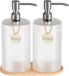 Glass Dish Soap Dispenser Set for Kitchen Sink,18Oz Hand Soap Dispenser for Bathroom with Wood Tray & Silver Stainless Steel Pump,Vertical Stripe Design