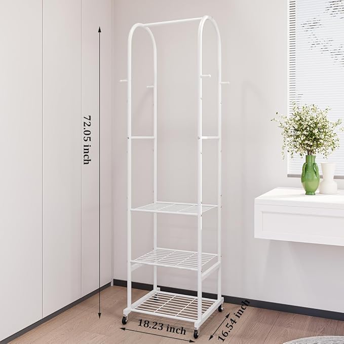 Clothes Rack With Wheels and 3-Tier Metal Shelves,Clothing Rack For Hanging Clothes With 4 Hooks,Garment Rack Wardrobe Organizer for Small Space,Black (white, 16.54 * 18.23 * 72.05)
