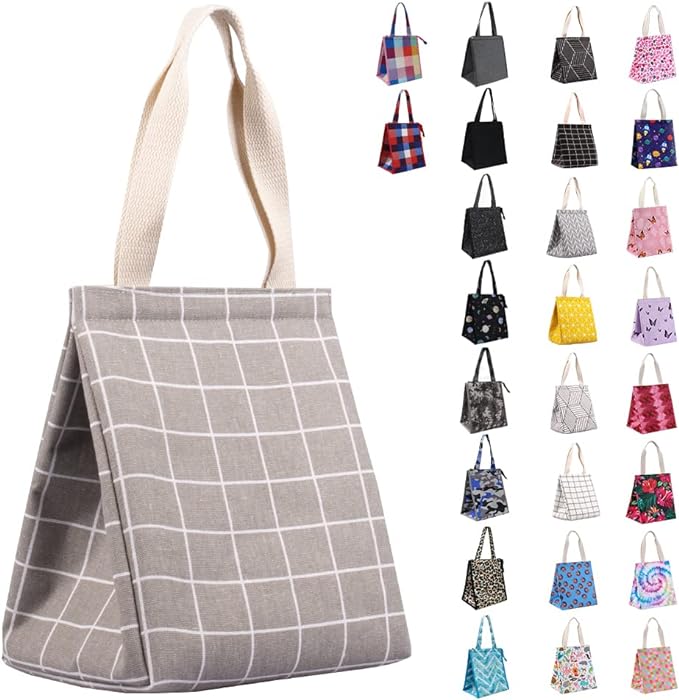 iknoe Insulated Lunch Bag for Women & Adults, 9L Foldable Wide-Open Cooler Bag with Pockets, Leakproof & Portable, for Picnic, Office, Beach(Gray grid)