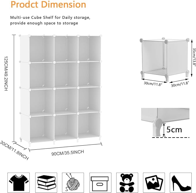 AWTATOS Cube Storage Organizer Storage 12 Cube Bookshelf DIY Plastic Closet Clothes Storage Shelves with Wooden Mallet, Stackable Storage Solution for Home, Bedroom, White