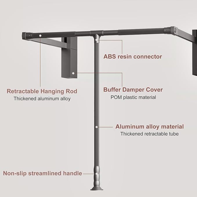 Pull Down Closet Rod for Hanging Clothes, Retractable Wardrobe Hanger for Cabinet Inside Width 21.6"~26", Aluminium alloy Tubing with Plastic Housing, 44 lb Weight Rating