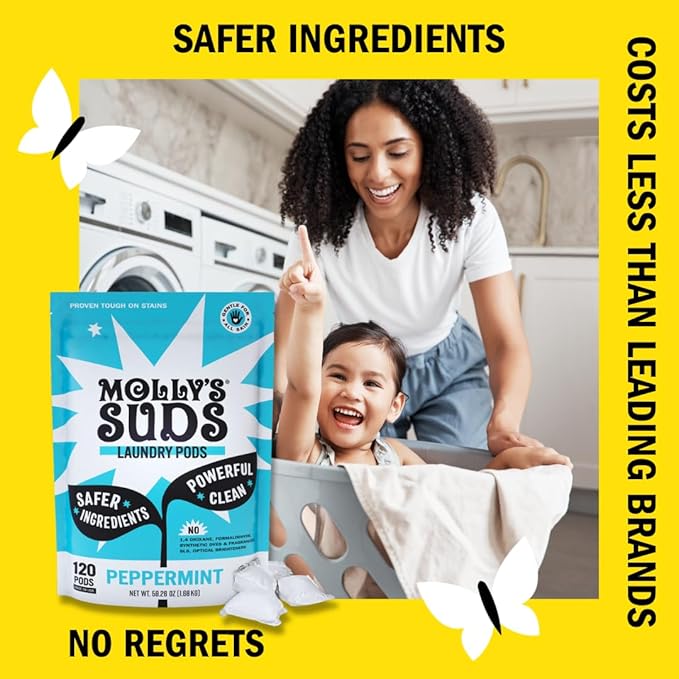 Molly's Suds Laundry Detergent Pods | Clean Detergent for Sensitive Skin | Ultra Concentrated and Stain Fighting | Peppermint - 60 Count