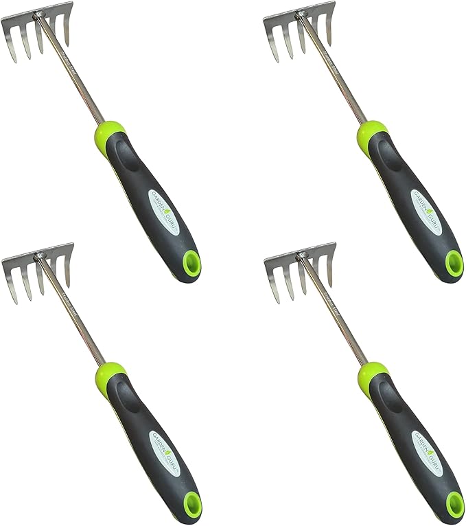 Garden Guru Stainless Steel Hand Rake Cultivator Tiller Tool - Stainless Steel for Ultimate Strength - Rust Resistant - Ergonomic Handle - Gardening Cultivating Loosening Weeding Mulching (4 Pack)
