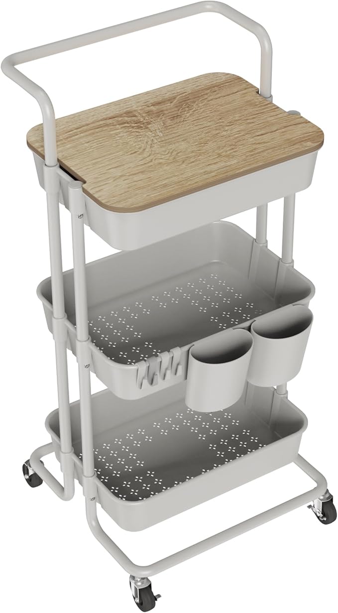 DTK 3 Tier Rolling Utility Cart with Cover Top Board, Movable Kitchen Storage Cart Trolley with Lockable Wheels, Cups, Hooks for Kitchen Bathroom Home Office Art Craft Storage and Organization(Grey)