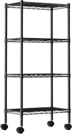 DUMOS Industrial 4 Level Grid Storage Rack ，Mobile Metallic Shelving System with Lockable Wheels， Multi-Purpose Cabinet for Workshop, Culinary Space, Storeroom, Washroom & Restroom Black