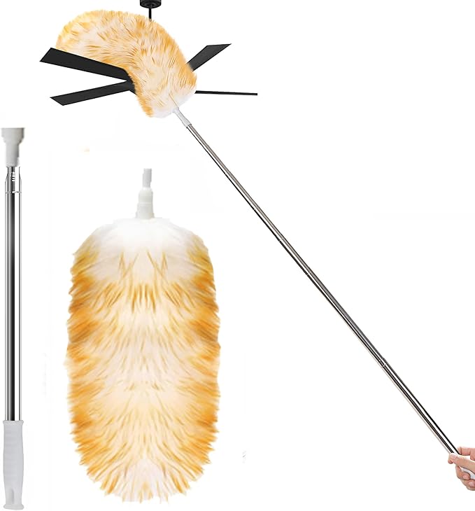 Lambswool Feather Duster with Extension Pole up to 97inch,Extendable Feather Duster Used for Cleaning High Ceiling Fan, High Ceilings,Furniture,Hard to Reach Areas