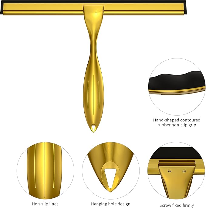 Shower Squeegee Set, 10-Inch Stainless Steel Squeegee for Bathroom, Shower Doors, Mirrors, Tiles, and Car Windows - 100% Streak Free, Includes Shower Door Hook, Adhesive Hook and Spare Silicone Blade