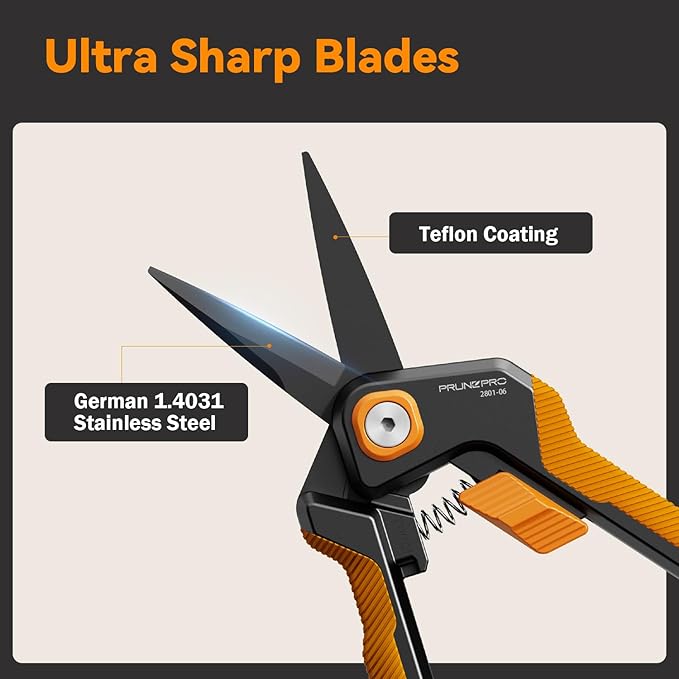 PrunePro Garden Scissors Pruning Shears Sharp Stainless Steel Non-Stick Teflon Coating Blade for Precise Cuts Garden Snip Bonsai Clippers for Plants Rose Flower Green & Orange