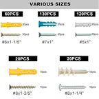 KURUI Drywall Anchors Assortment Kit for Sheetrock Concrete Brick, 350Pcs Wall Anchors and Flat Head Screws, 5 Sizes Picture Hanging Set for Bedroom/Office Wall Art Decor, House Warming Gifts New Home