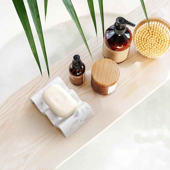 Luxspire Soap Dish, Marble Soap Dish, Self-draining Tray, Soap Holder Saver for Shower, Bathroom, Sink, Kitchen and Countertop, Gravel White