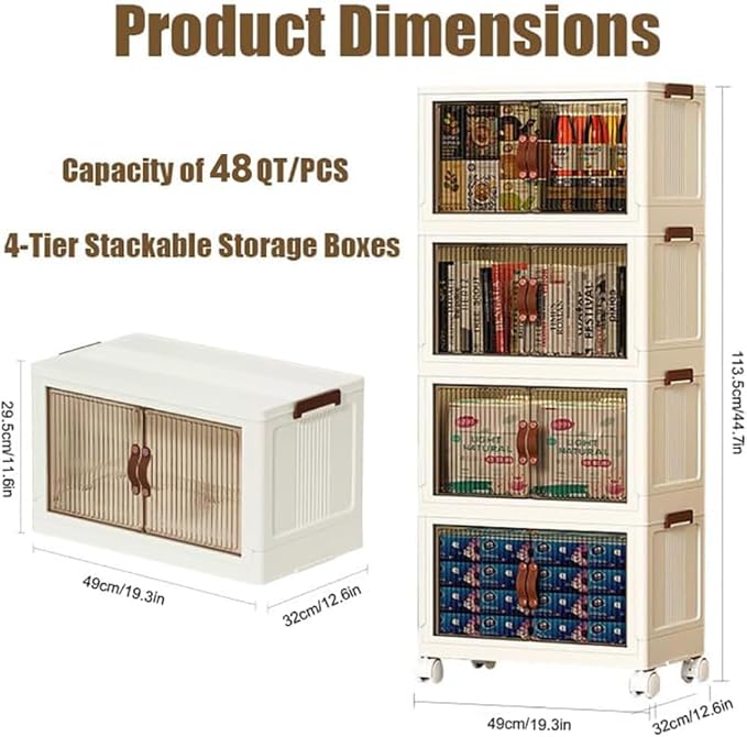 4-Tier Stackable Storage Bins with Lids & Open Front Design, Foldable Storage Bins with Wheels for Home Organization, Collapsible Space Saving Multi-Layer Organizer, 48QT