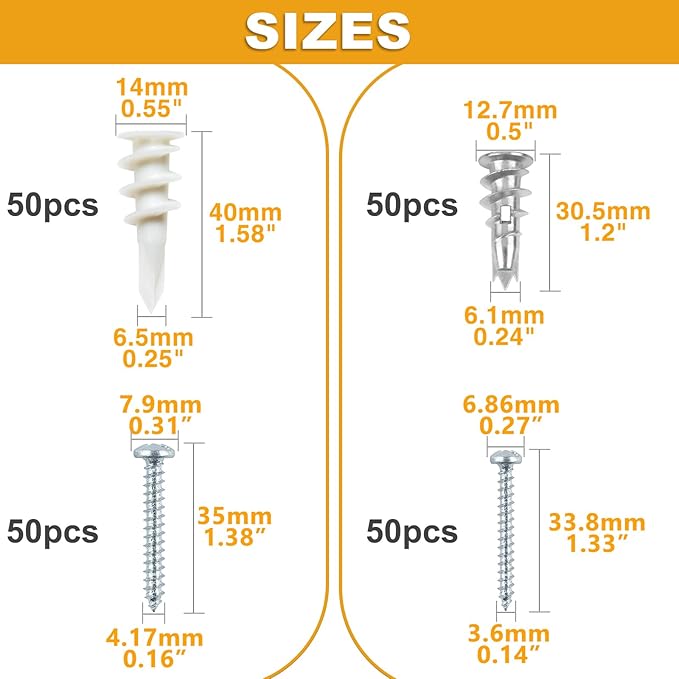 KURUI Self Drilling Drywall Anchors Assortment Kit, 200PCs Picture Hanging Kit for Frame,Curtain Rods,Art Hanging, 100PCs #6 Heavy Duty Metal Dry Wall Anchors 100PCs #8 Plastic Drywall Hangers