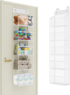 Univivi Over The Door Organizer Behind The Door Storage, Baby Door Storage with 5 Clear Plastic Pockets & 2 Big Metal Hooks for Cosmetics, Bathroom, Nursery and Sundries
