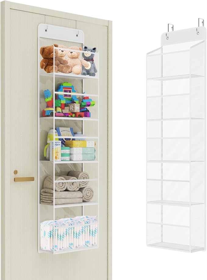 Univivi Over The Door Organizer Behind The Door Storage, Baby Door Storage with 5 Clear Plastic Pockets & 2 Big Metal Hooks for Cosmetics, Bathroom, Nursery and Sundries