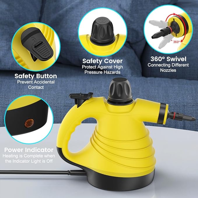 Handheld Steam Cleaner, Pressurized Steam Cleaner with 9pcs Accessories & Safety Lock, Natural Multi-Purpose Powerful Home Use Steamer for Cleaning, Car, Bathroom, Shower, Upholstery, Grout, Window