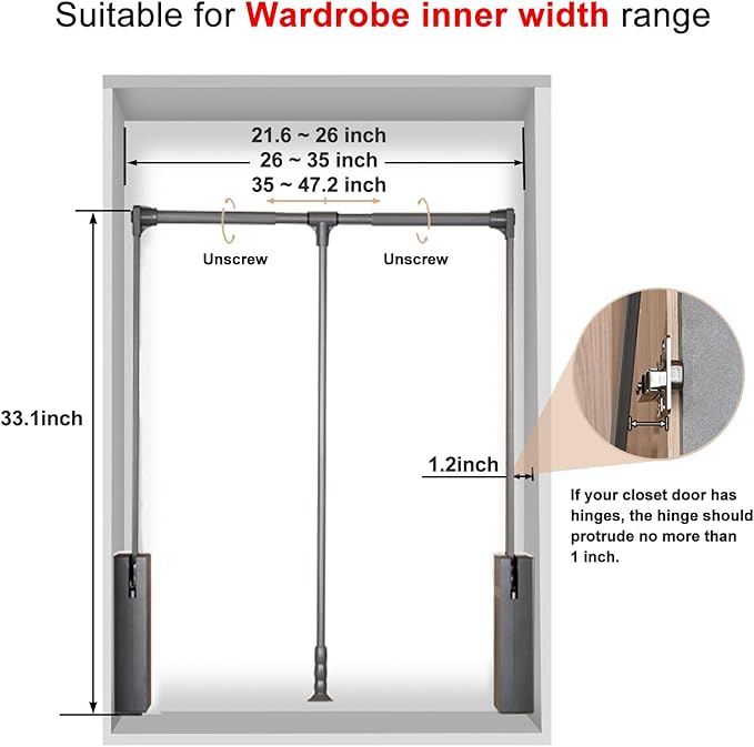Pull Down Closet Rod for Hanging Clothes, Retractable Wardrobe Hanger for Cabinet Inside Width 21.6"~26", Aluminium alloy Tubing with Plastic Housing, 44 lb Weight Rating