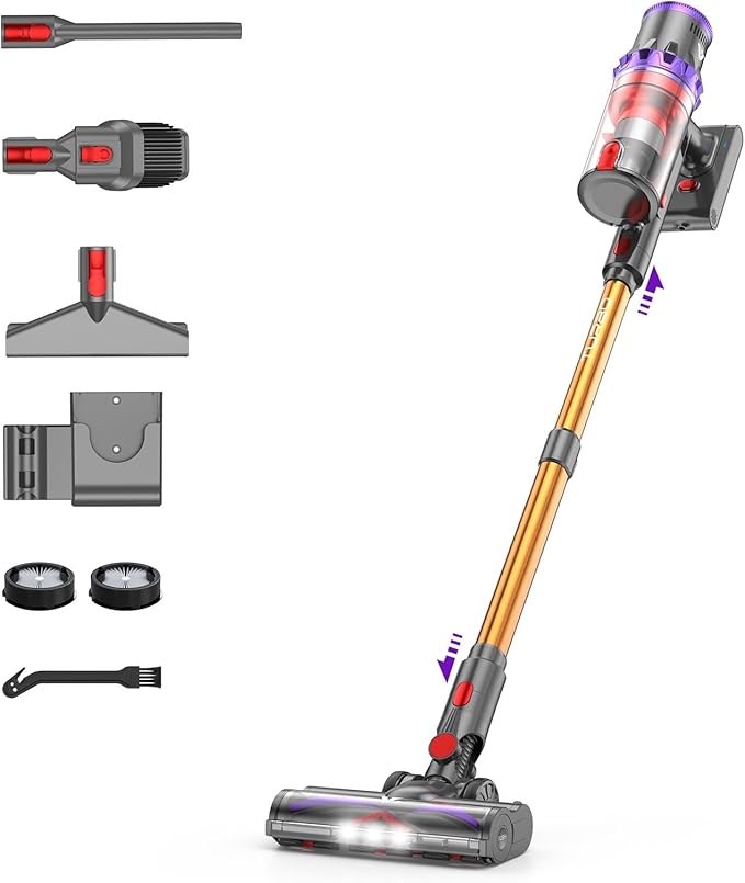 Coovy Cordless Vacuum Cleaner SU7, 580W 50Kpa 75 Minutes Runtime Stick Vacuum with Touch Screen, Anti-Tangle Wireless Powerful Lightweight Vac for Home Pet Hair Carpet Hardwood, Gold