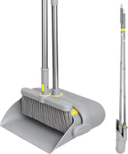Upgrade Broom and Dustpan Set 180° Rotatable Head with 61" Extra Long Adjustable Handle Self-Cleaning Dustpan Teeth&Zero Gap Indoor Outdoor Sweeping for Home Kitchen Office Pet Hair-Gray&Yellow