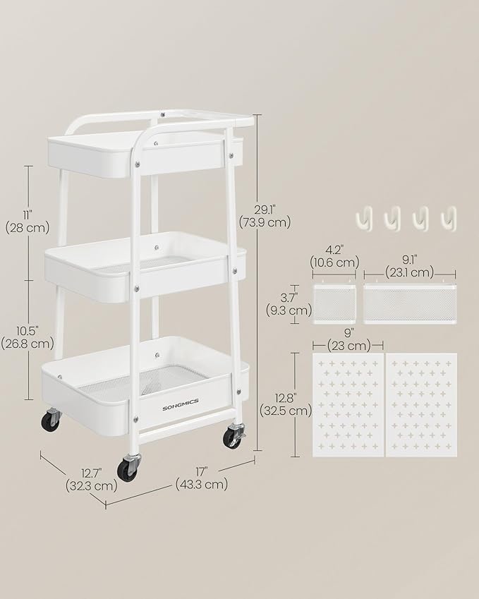SONGMICS 3-Tier Storage Cart, Rolling Utility Cart, Metal Mesh Shelves, 2 Removable Pegboards, 2 Hanging Holders, 4 Hooks, Craft Cart for Living Room, Kitchen, Office, Bathroom, Cloud White ULRC037W01