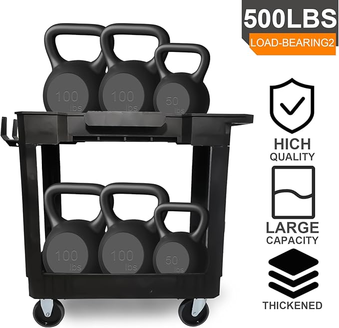 AAIN 2 Shelf Heavy Duty Plastic Utility Cart, Supports Up to 500 Pound Black Rolling Utility Cart. 34 x 17 Inch Service Cart, 4 Wheels, Ergonomic Handle Great for Warehouse,Garage, Cleaning