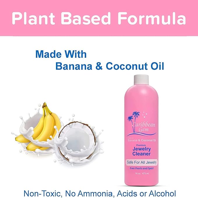 USA All Natural Banana & Coconut Oil Jewelry Cleaner with Polishing Cloth, For Gold, Silver and Precious Gems, Ammonia Free, Hypoallergenic Jewelry Cleaning Solution (16oz)