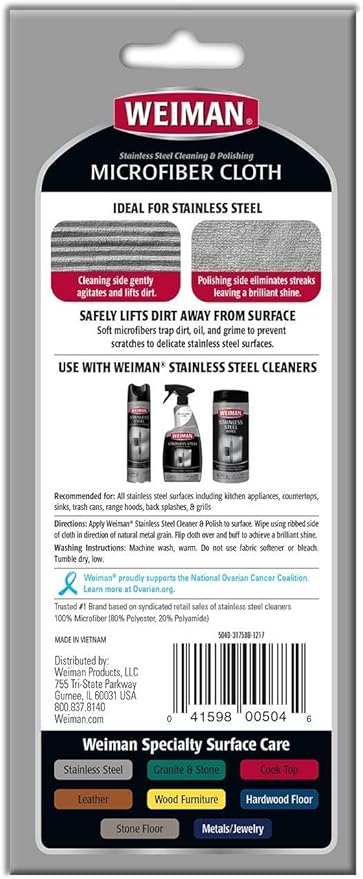 Weiman Microfiber Cloth for Stainless Steel, Safely Traps and Removes Dirt, Oil and Grime to Protect from Scratches 13.8" x 13.8" (Pack of 2)