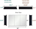 Bathroom Mirror Medicine Cabinet with Round Corner Framed Door 36 x 26 inch, Black，Recessed or Surface Mount, with Adjustable Glass Shelves