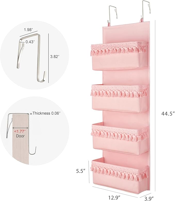 Dahey Over The Door Organizer Boho Nursery Storage Decor Closet Hanging Organizer with Tassels Decoration for Bedroom Nursery Bathroom Apartments Dorm Pantry, 4 Pockets, Pink