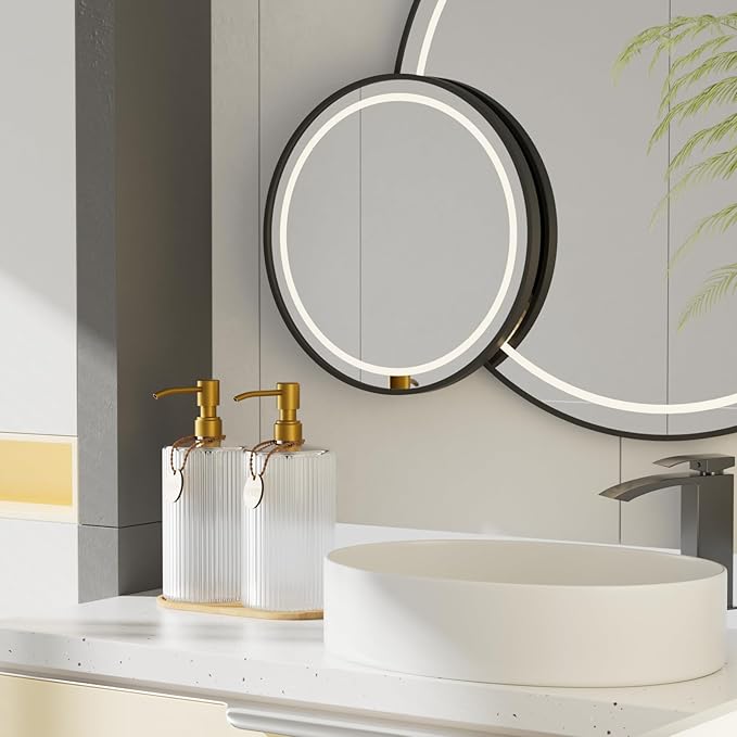 Kitchen Soap Dispenser Set,18Oz Glass Hand and Dish Soap Dispenser for Bathroom,with Wood Tray & Gold Stainless Steel Pump,Vertical Stripe Design