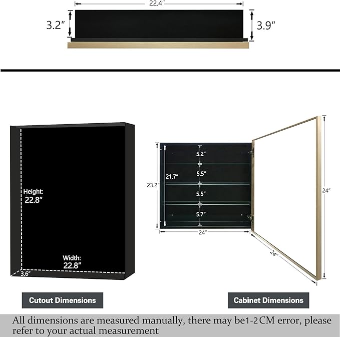 Medicine Cabinet with Mirror Recessed or Surface Mount Farmhouse Style Single Door Mirror Cabinet Finish Square Bathroom Storage, (Brushed Gold, 24x24 Inch)