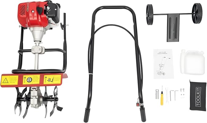 Gas Power Tiller Cultivator 52CC 2 Stroke, Gasoline Powered Garden Farmyard Tiller Air-Cooled Single Cylinder Gasoline Engine Tilling Tool, for Lawn, Field and Home