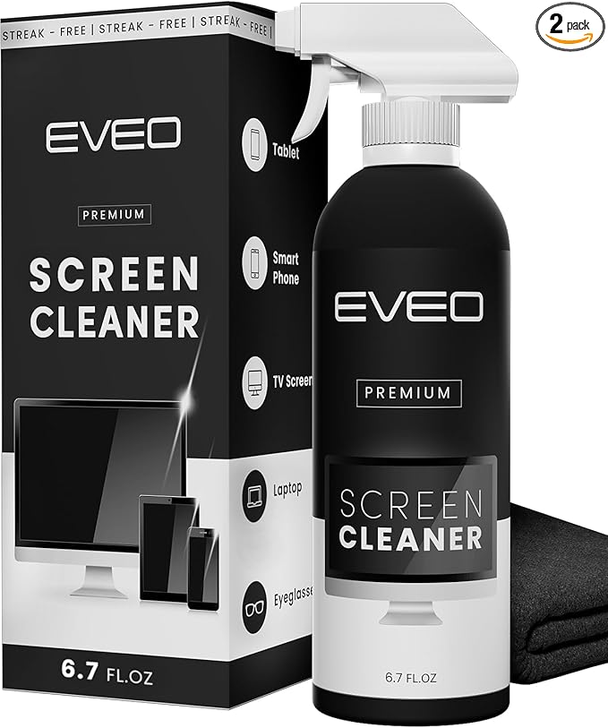 EVEO® Screen Cleaner Spray Kit (Streak-Free) TV Screen Cleaner for Smart TV, LCD, LED, OLED | Computer Screen Cleaner Spray and Wipe Microfiber Cloth - TV, Monitor, Laptop, iPad, Car - 6.7oz 1 Pack