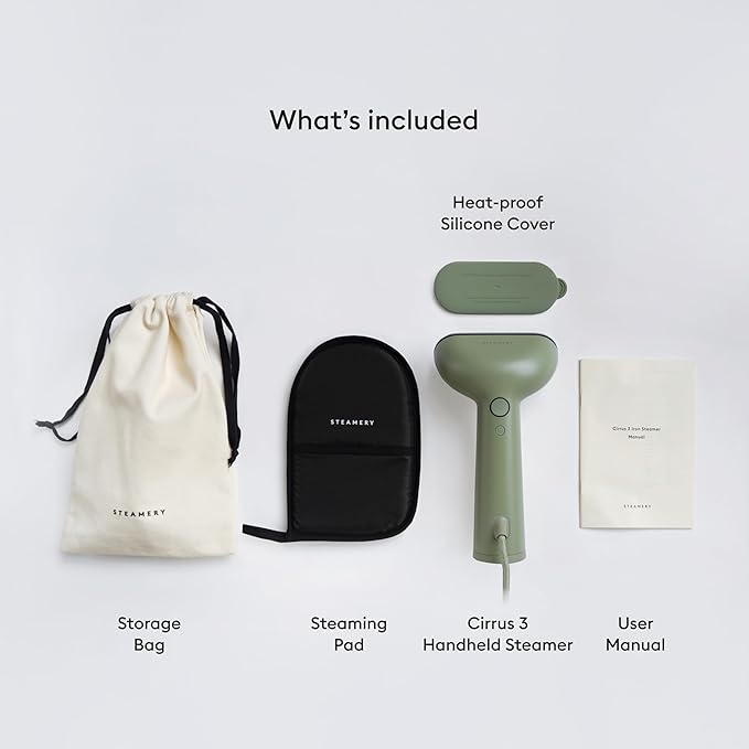 Steamery Handheld Clothes Steamer Cirrus 3, 1200W, US Plug, Heated Ironing Plate, Fast Heat Up, Garment Wrinkle Remover, Green
