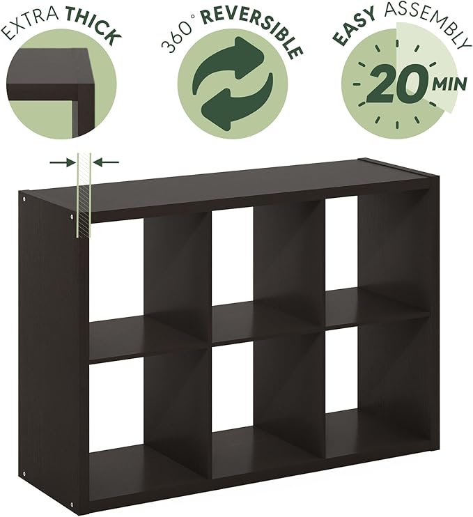 Furinno Cubicle Open Back Decorative Cube Storage Organizer, 6-Cube, Black Dark Oak