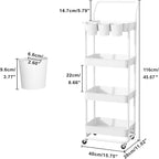 Buzowruil 4-Tier Rolling Utility Cart, Storage Cart with Handle Multi-Purpose and Locking Wheels,with Hanging Basket and Hook for Office, Kitchen, Bathroom,White