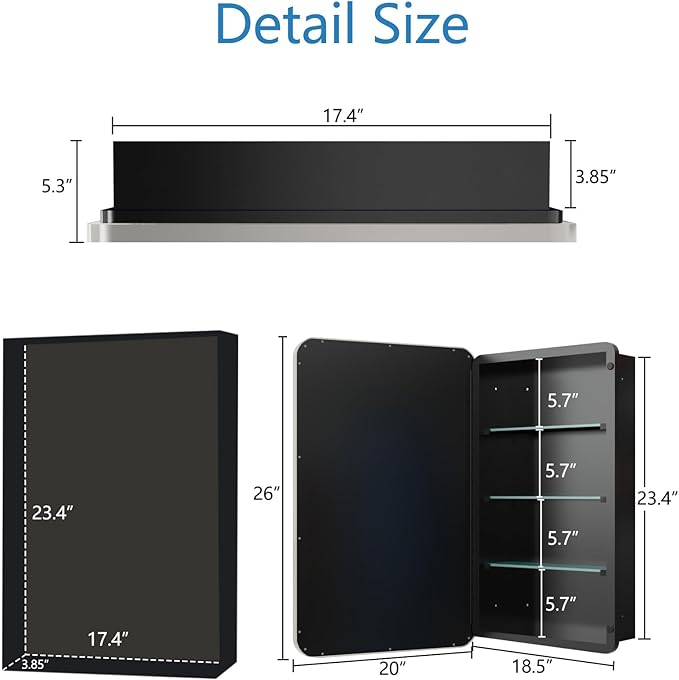 Bathroom Medicine Cabinet,20"x26" Mirror Door with Stainless Steel Brush Nickel Frame,Recessed & Surface Wall Cabinet with Glass Shelves, Rust-Resistant Bathroom Storage Cabinet