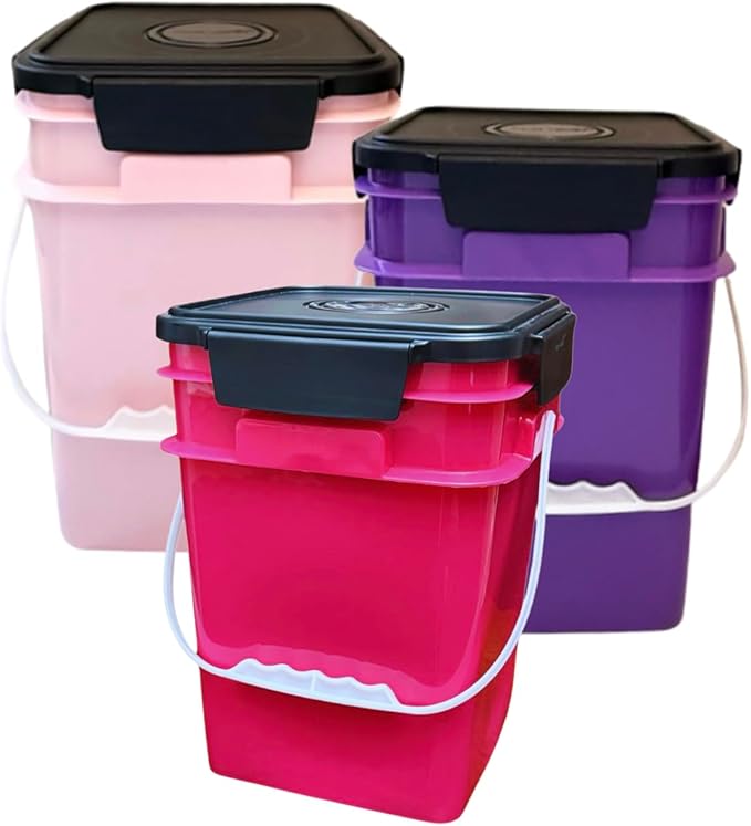 House Naturals 4 Gallon Square Food Grade Bucket Pail with Plastic Handles and Lid (Pack of 3) Made in USA containers (Pink/Magenta/Purple - Black lids)