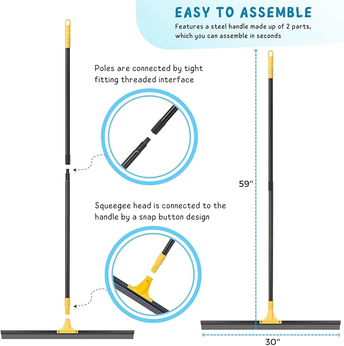 Floor Squeegee for Concrete, 30'' Large Rubber Broom for Tile, 59'' Long Handle Heavy Duty Water Wiper for Garage, Deck