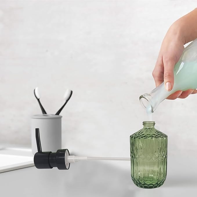 Green Glass Soap Dispenser with Black Pump, 15oz Liquid Hand Dispenser, Refillable Lotion Dish Soap Dispenser for Modern Home Decor, Bathroom, Kitchen Countertop, Hotel