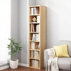 IOTXY Small Narrow Corner Bookcase - 59 Inches Tall Gap Freestanding Storage Cabinet, 7 Lattices Open Shelves Tower Rack, Cubes Bookshelf in Oak
