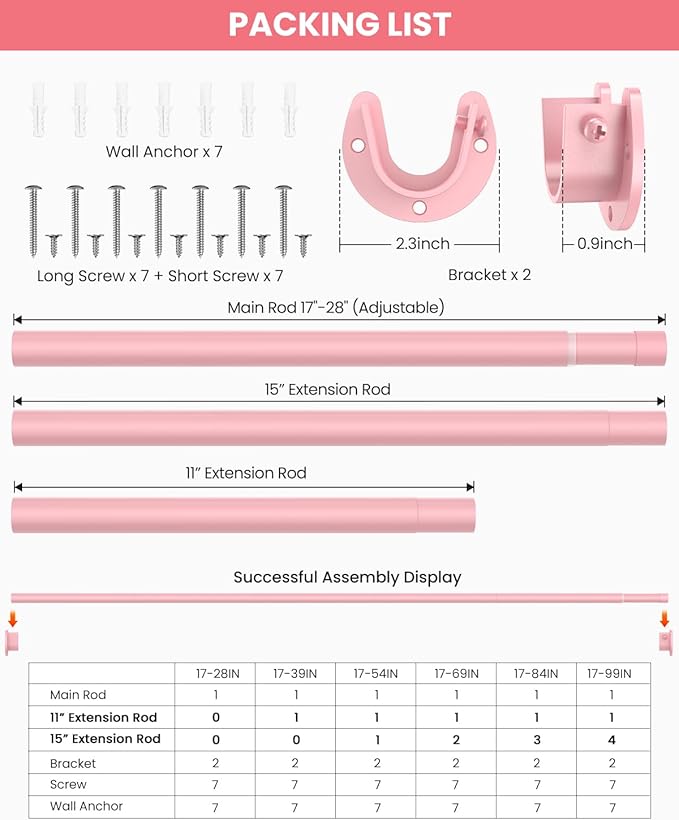 Supforce Closet Rods for Hanging Clothes, 17 to 69 Inches Stepless Adjustable Metal Closet Rod, 1.3 Inches Heavy Duty Clothes Hanging Rod for Closet Wardrobes Laundry RV, Pink
