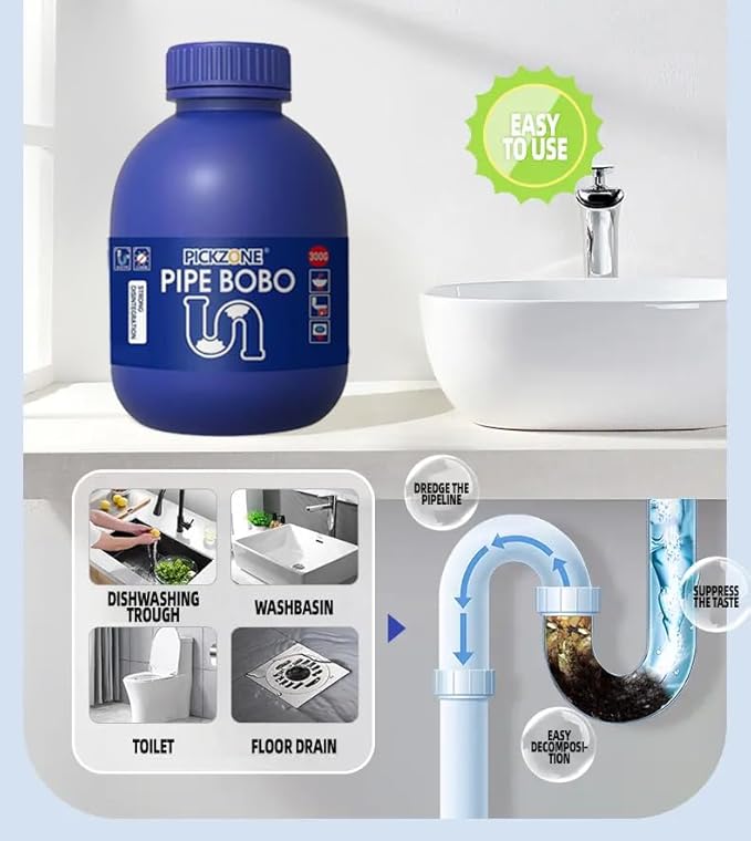 Pipe Bobo Drain Cleaner, 300g, Professional Strength Pipe Dredging Formula for Kitchen Sinks, Shower Drains, Tubs, Dissolves Blockages (1Pcs)
