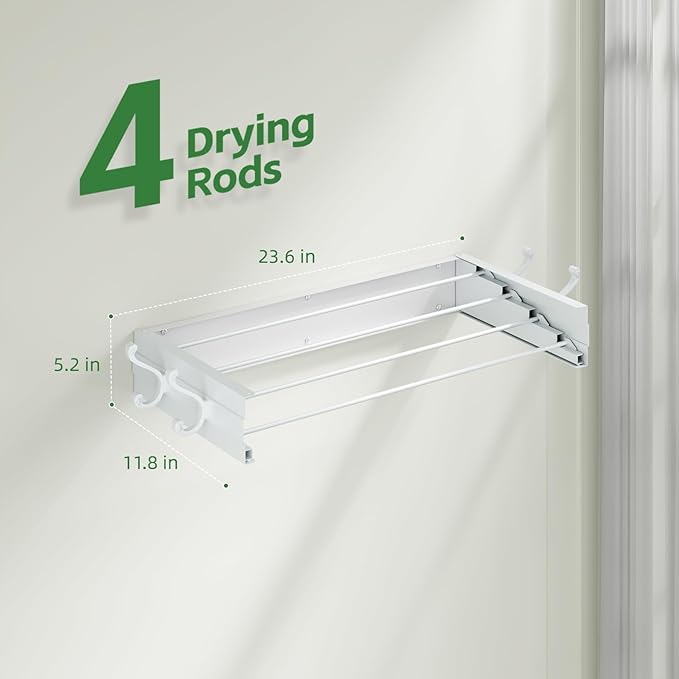 Wall Mounted Drying Rack 23.6", Foldable Laundry Clothes Drying Rack with 4 Towel Hooks and 4 Rods for Hanging Clothes Delicates, Space Saving for Indoor Outdoor Bathroom Balcony Laundry Room (23.6'')