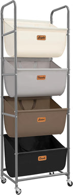 STORAGE MANIAC Vertical Rolling Laundry Hamper, 4 Section Laundry Sorter with Wheels and 2 Breaks, 4-tier Laundry Baskets for Small Space, Dorm, Laundry Room, Closet, Multicolored 4-tier