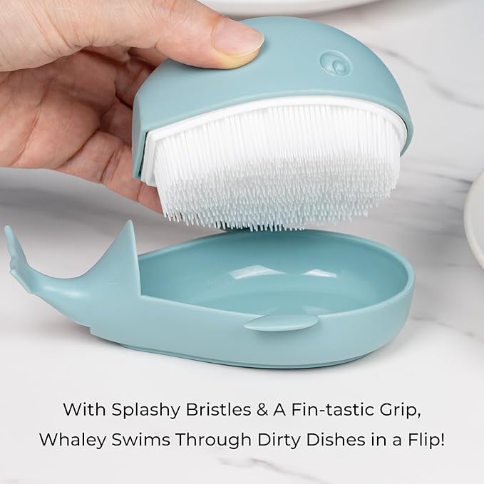 Whaley Whale Dish Brush – Cute Whale Scrub Brush for Dishes & Veggies, Palm Cleaning Brush, Funny Kitchen Gadget, Sink Accessories, Unique Gifts for Women, Housewarming or White Elephant Gifts