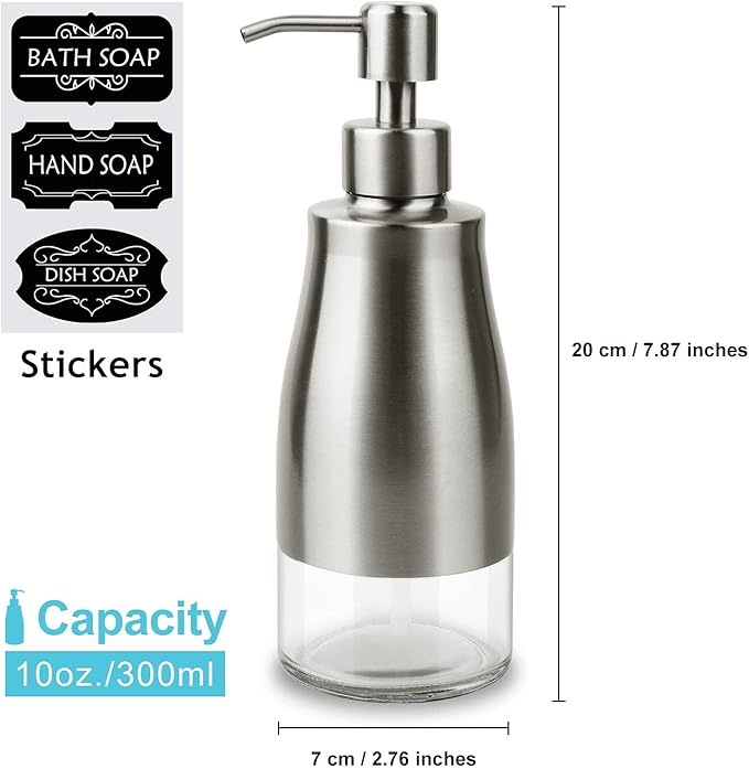 Dish Soap Dispenser with Stickers, Brushed Nickel Stainless Steel and Glass Combined, Refillable Liquid Hand Soap Dispenser for Bathroom & Kitchen (11OZ / 320ML)