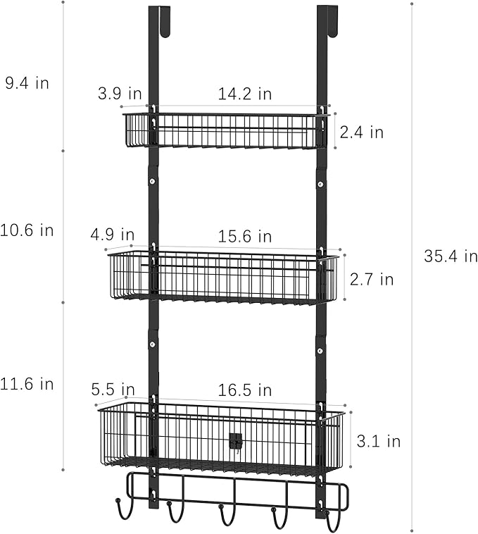 CADUKE Black Over The Door Organizer Over The Door Hooks with Basket Storage Door Towel Racks for Bathroom Door Storage Rack with 5 Hooks 3-Tier Door Hanger Basket for Kitchen