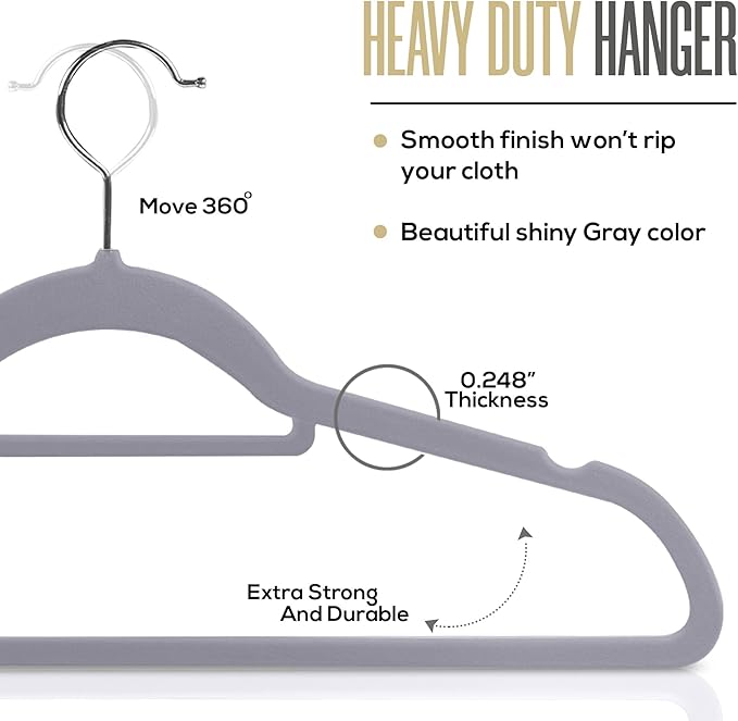 Utopia Home Premium Velvet Hangers 20 Pack - Non-Slip Clothes Hanger with Tie Bar - Grey Hangers with 360 Degree Rotatable Hook - Heavy Duty Coat Hanger